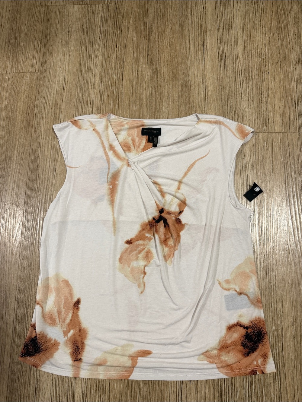 Donna Karan White Floral Twist-Front Sleeveless Top M